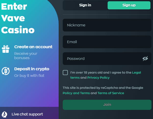 Vave Casino Sign Up Process